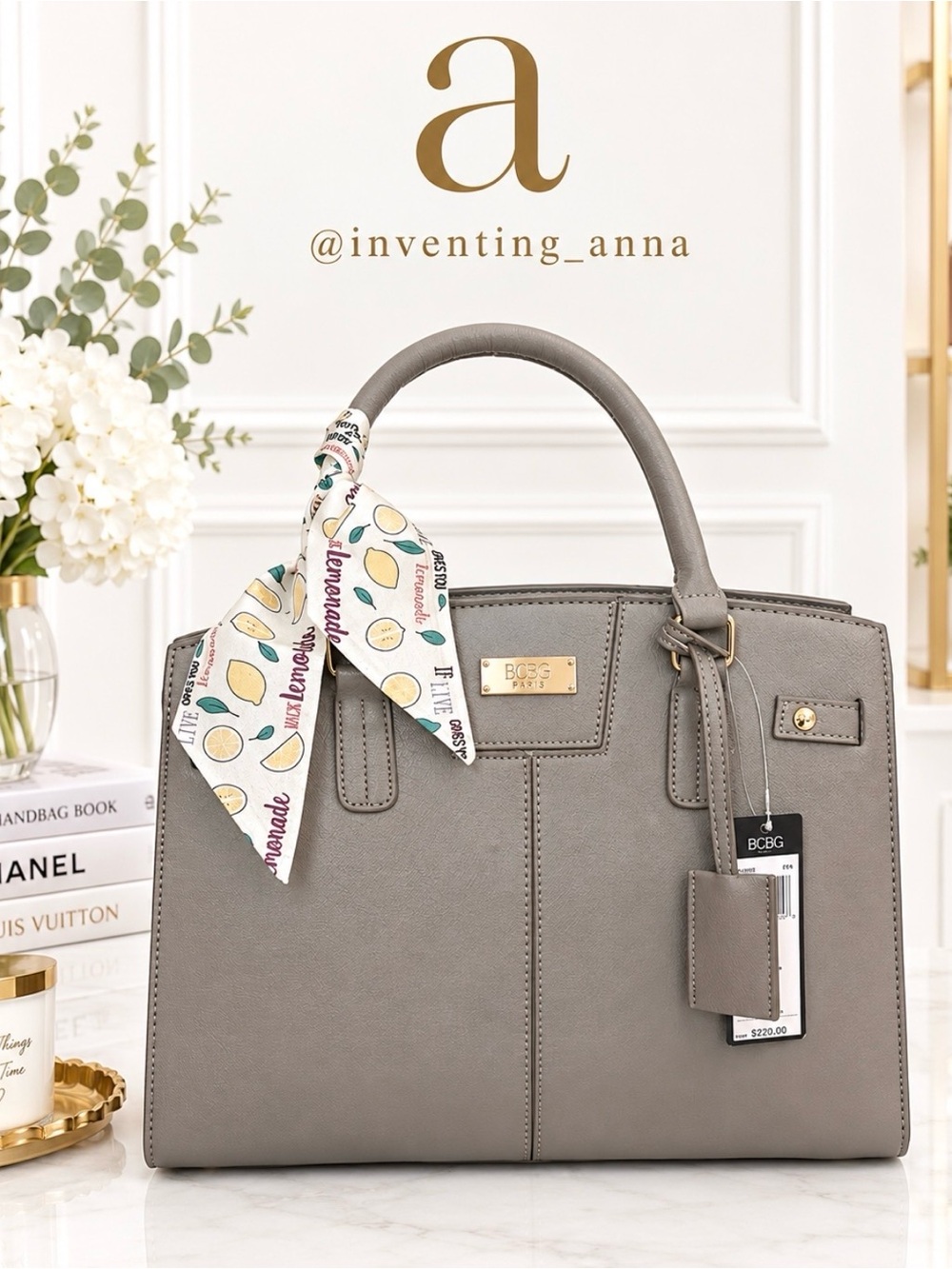 BCBG PARIS Large Gray Satchel Hand Bag w/Beige Lining Gold Tone Hardware